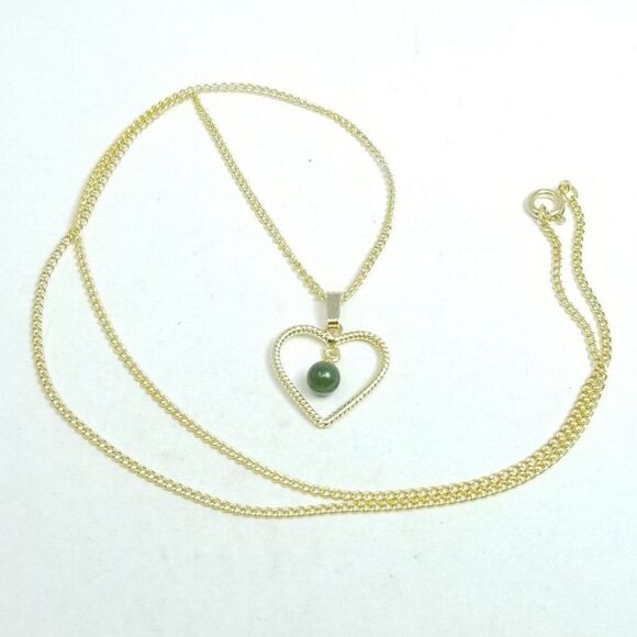 Vintage Gold Tone Heart Shape Pendant Necklace, Green Bead Center, Estate - Picture 2 of 5